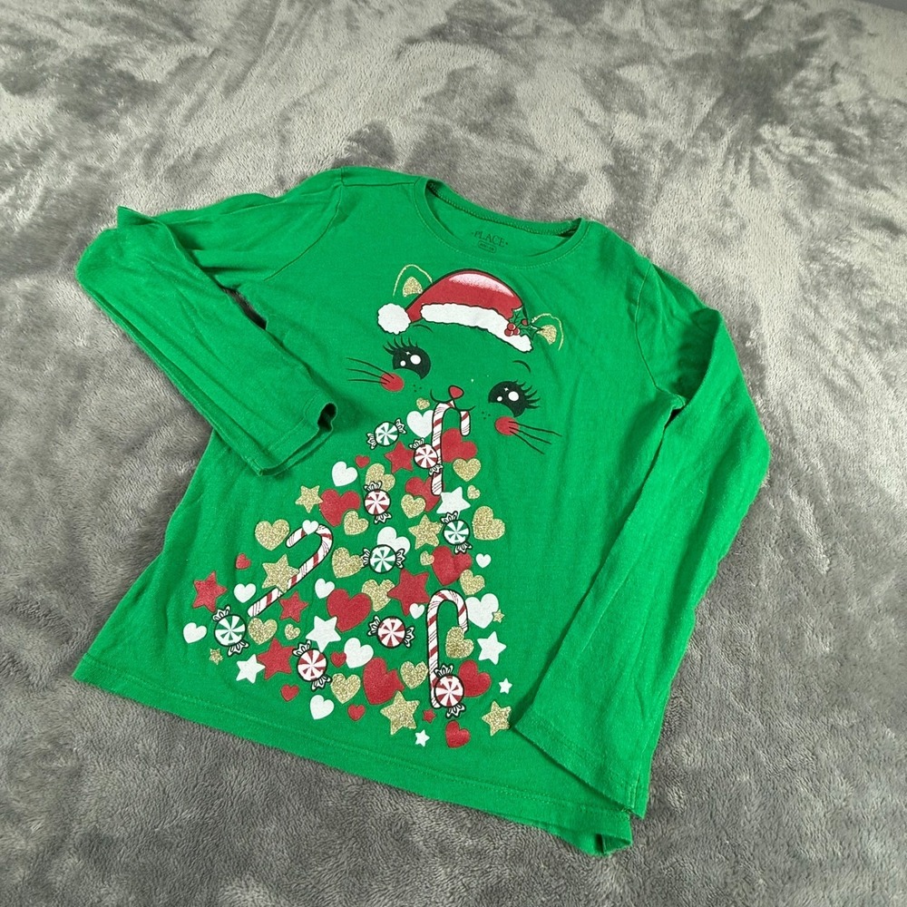 Children's Place Cat Christmas Tree Long Sleeve T Shirt Green Girls7/8